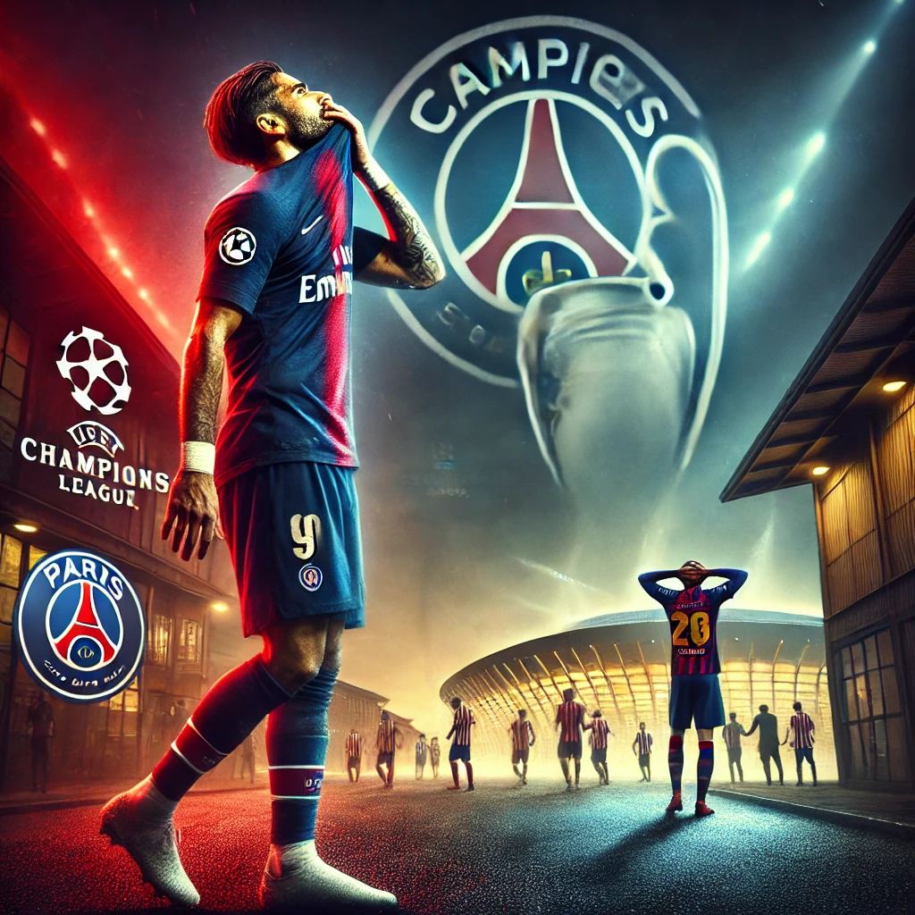 DALL·E 2024 11 30 15.33.43 A dramatic and high quality digital illustration of a football scene that captures the defeat of two French clubs in the UEFA Champions League. The fo